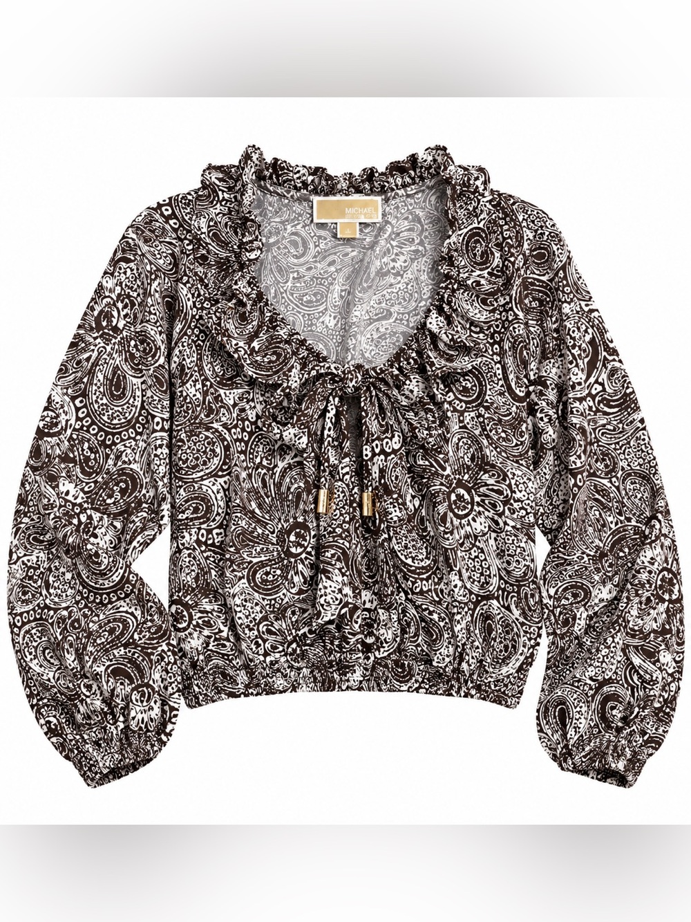 MICHAEL Michael Kors Cropped Brown & White Paisley Ruffle-Neck Tie Blouse